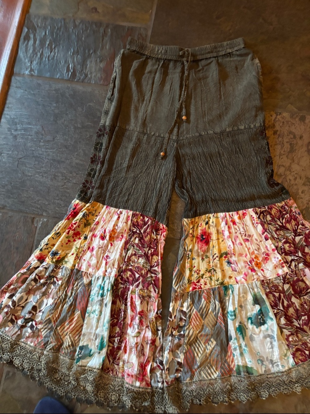Boho Wide Leg Tiered Palazzo Pants in Olive with Floral Panels - Picture 2 of 5